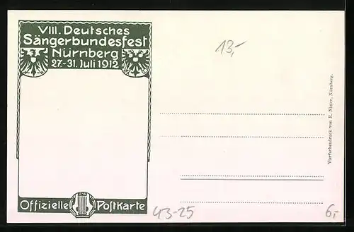 Künstler-AK Nürnberg, Achtes Deutsches Sängerbundesfest 1912, Stadtansicht