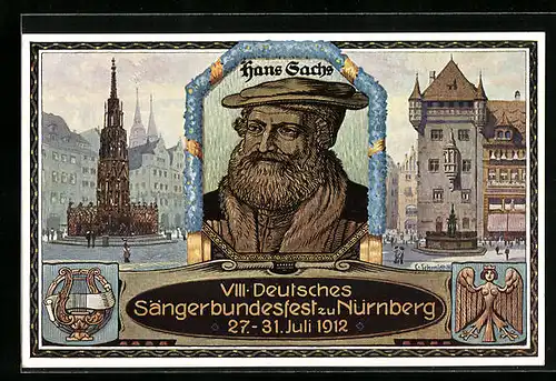 Künstler-AK Nürnberg, VIII. Deutsches Sängerbundesfest 1912, Porträt Hans Sachs