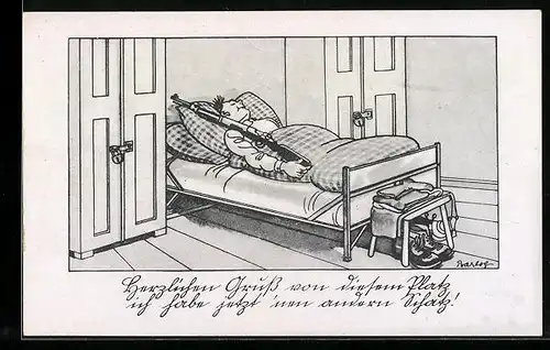 Künstler-AK Ferdinand Barlog: Soldat im Bett liegend mit seiner Waffe, seinen neuen Schatz