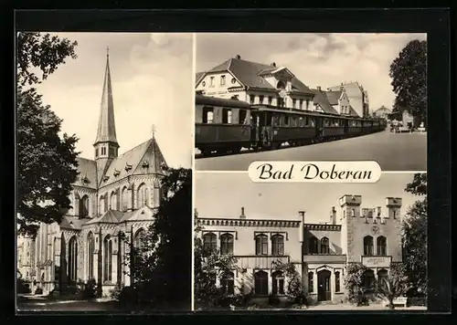 AK Bad Doberan, Klosterkirche, Bäderbahn Molly, Handwerker-Genossenschaftsheim