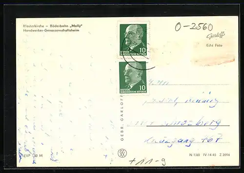 AK Bad Doberan, Klosterkirche, Bäderbahn Molly, Handwerker-Genossenschaftsheim