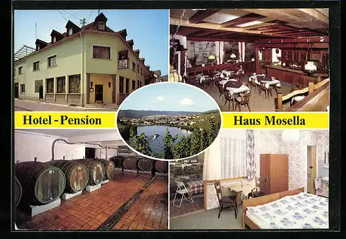 AK Kröv /Mosel, Ortsansicht und vier Ansichten von Hotel-Pension Haus Mosella