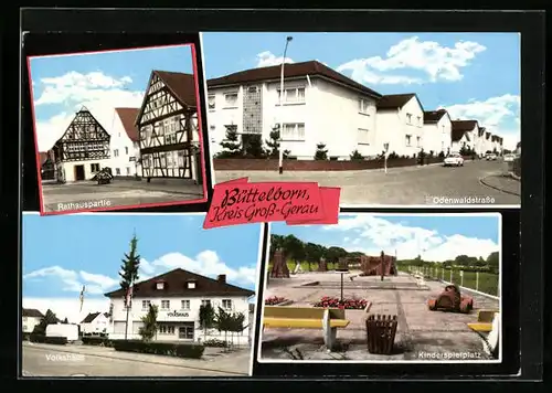 AK Büttelborn Kreis Gross-Gerau, Rathauspartie, Odenwaldstrasse, Volkshaus, KInderspielplatz