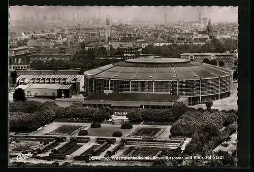 AK Dortmund, Westfalenhalle mit Rosenterrasse und Blick zur Stadt