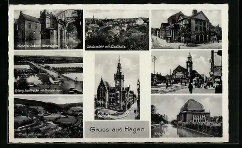 AK Hagen, Totalansicht mit Stadthalle, Schloss Werdringen, Syburg, Blick auf Dahl, am Theater