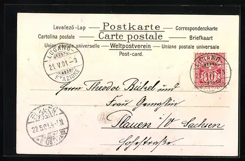 Präge-AK Lugano, Ortsansicht, Rahmen mit Siegel