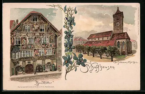 Lithographie Schaffhausen, St.Johannes-Kirche, Gasthaus Zum Ritter