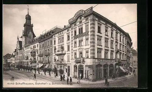 AK Schaffhausen, Bahnhofstrasse und Schwertstrasse mit Restaurant Rheinischer Hof