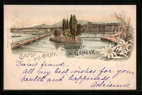 Lithographie Genf, Ortsansicht übers Wasser mit Dampfschiffen