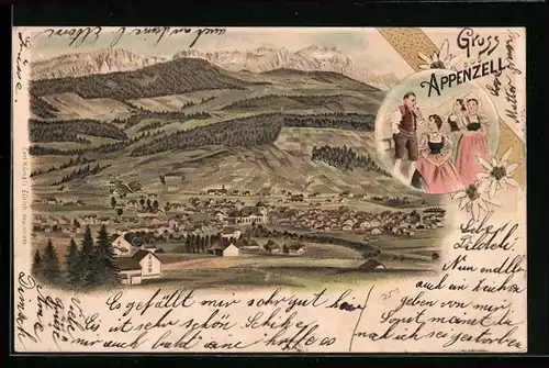 Lithographie Appenzell, Panoramablick auf Ort und Berge