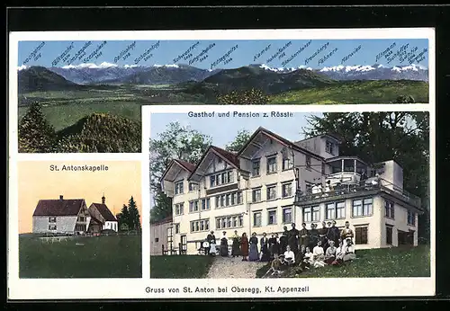 AK St. Anton, Gasthaus und Pension Rössli, St. Antonskapelle, Alpenpanorama