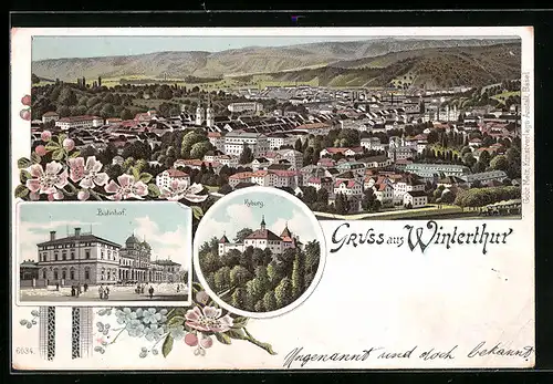 Lithographie Winterthur, Ortsansicht, Bahnhof und Kyburg