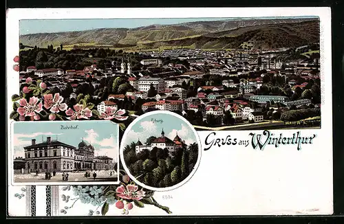 Lithographie Winterthur, Ortsansicht, Bahnhof, Kyburg
