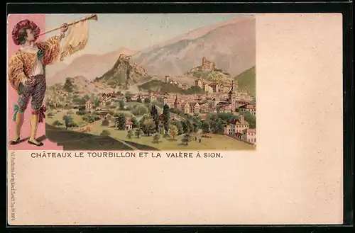 Lithographie Sion, Chateaux le Tourbillon et la Valere