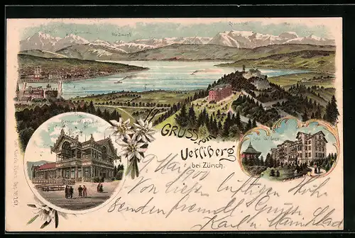 Lithographie Uetliberg, Gesamtansicht, Restaurant Uto Kulm, Hotel Uetliberg