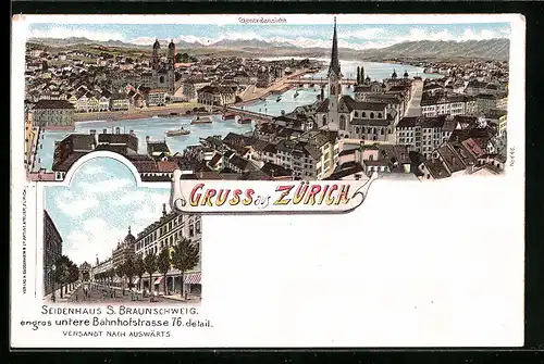 Lithographie Zürich, Ortsansicht mit Umland, Bahnhofstrasse