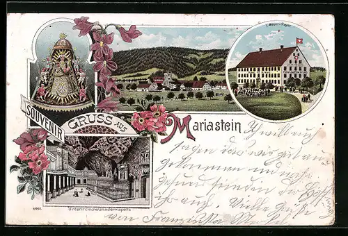 Lithographie Mariastein, Ortspartie, Unterirdische Gnadenkapelle, Gnadenbild