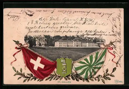 Präge-AK St. Gallen, Ansicht der Kaserne, Wappen und Fahnen