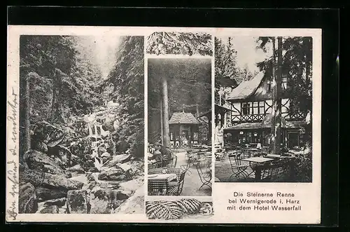 AK Wernigerode / Harz, Steinerne Renne mit Hotel Wasserfall