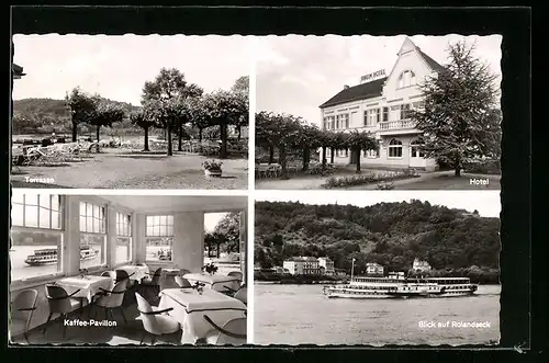 AK Bad Honnef / Rhein, Rheinhotel Spetsmann mit Terrasse, Kaffee-Pavillon u. Blick auf Rolandseck, Dampfer auf dem Rhein