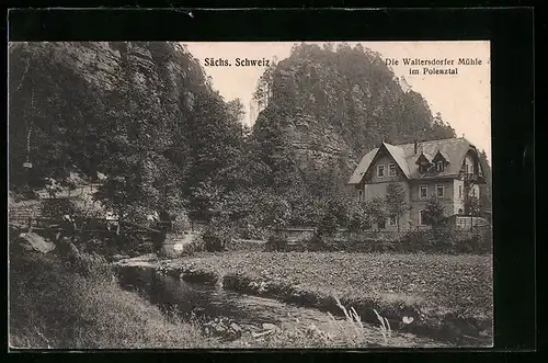 AK Waltersdorfer Mühle im Polenztal, Gebäude am Fluss