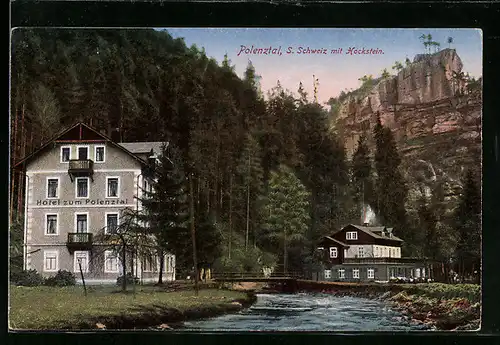 AK Polenztal /S. Schweiz, Hotel zum Polenztal mit Hockstein