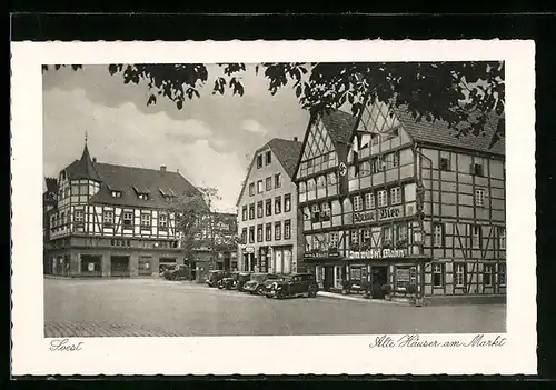 AK Soest, Alte Häuser und Gasthaus Zum wilden Mann am Markt, 