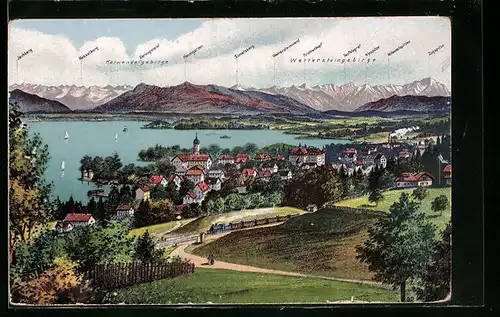 AK Tutzing am Starnberger See, Gesamtansicht mit Wettersteingebirge