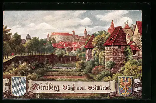 Künstler-AK Nürnberg, die Burg vom Spittlertor, Wappen