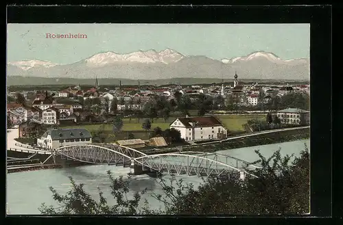 AK Rosenheim, Ortsansicht mit Alpenpanorama