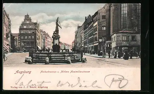 AK Augsburg, Merkurbrunnen und Mittlere Maximilianstrasse