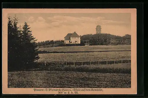 AK Plauen i. V., Bismarck-Haus und Säule auf dem Kemmler
