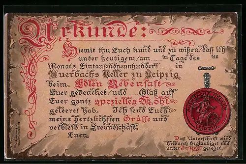 Präge-AK Leipzig, Urkunde mit Siegel vom Gasthaus Auerbach's Keller