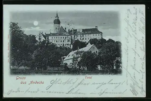 Mondschein-AK Andechs, Blick auf das Kloster