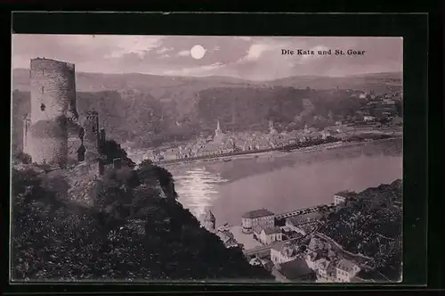 Mondschein-AK St. Goar, Gesamtansicht mit Burgruine Katz