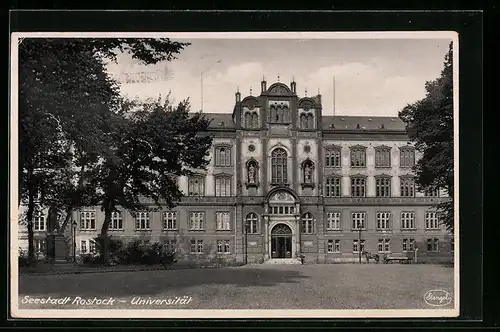 AK Rostock, Ansicht der Universität, Pferdegespann