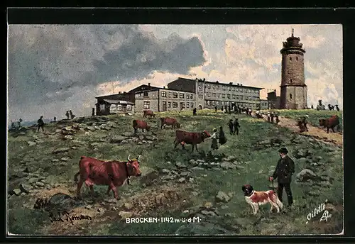 Künstler-AK Brocken, Brocken-Hotel mit weidenden Kühen