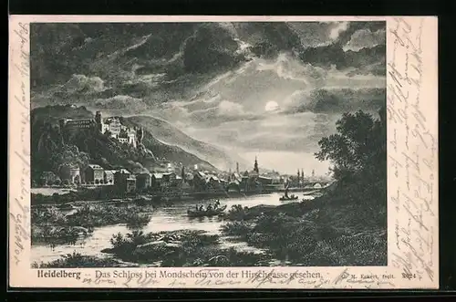 Mondschein-AK Heidelberg, Schloss von der Hirschgasse aus gesehen