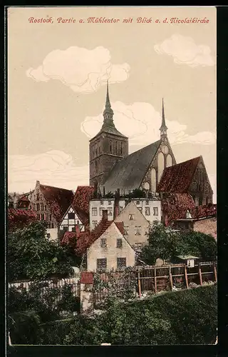 AK Rostock, Partie am Mühlentor mit Blick auf die Nicolaikirche