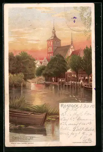 Lithographie Rostock, St. Nicolai, Partie am Wasser im Abendrot