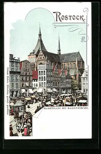 AK Rostock, Marktplatz mit Marienkirche