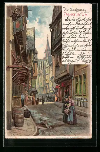 Lithographie Alt-Frankfurt, Strassenpartie in der Saalgasse