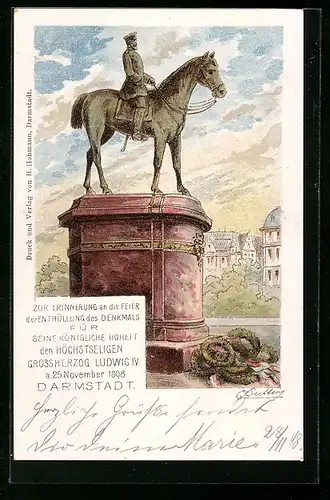 Lithographie Darmstadt, Blick auf Denkmal von Grossherzog Ludwig IV