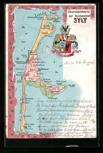 Lithographie Sylt, Übersichtskarte der Nordseeinsel