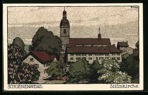 Steindruck-AK Schoenenwerd, Stiftskirche im Frühling