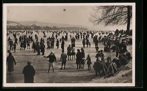 AK Zürich, Seegfrörne 1929, Menschen auf dem Eis