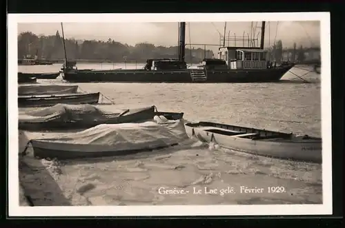 AK Genéve, Le Lac gele, Fevrier 1929, festgefrorene Schiffe