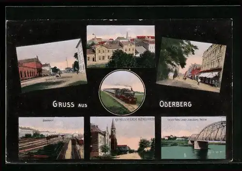 AK Oderberg, Bahnhof, Kath. Kirche m. Ringstrasse, Nordbahnstrasse