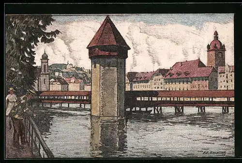 Künstler-AK Ernst E. Schlatter: Luzern, Partie am Wasserturm