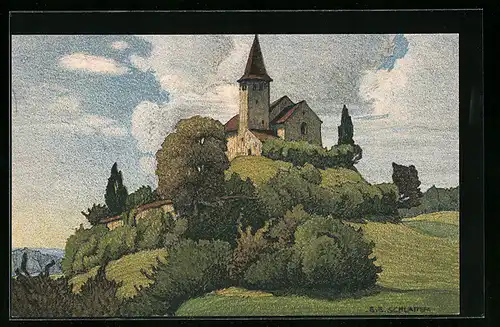 Künstler-AK Ernst E. Schlatter: Alte Kirche bei Büsingen